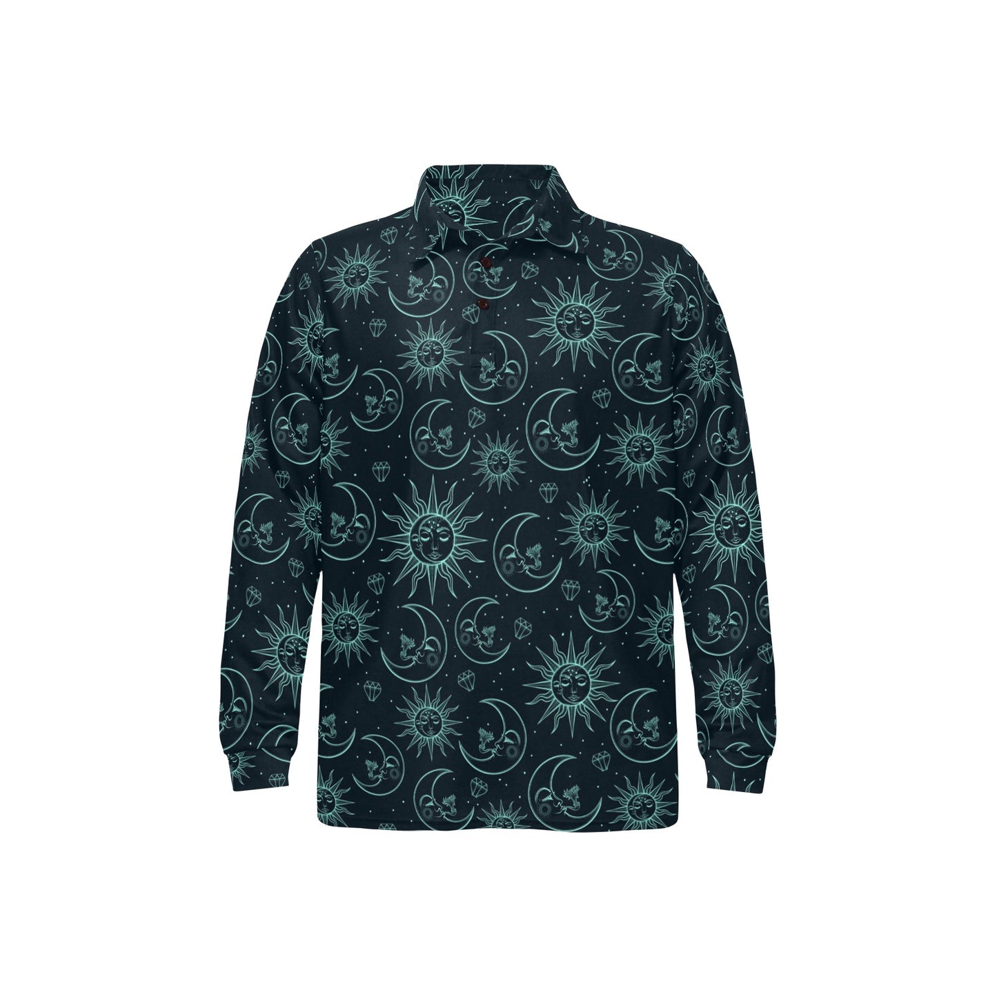 Sun Moon Magic Design Themed Print Long Sleeve Polo Shirt For Men's