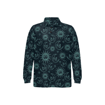 Sun Moon Magic Design Themed Print Long Sleeve Polo Shirt For Men's