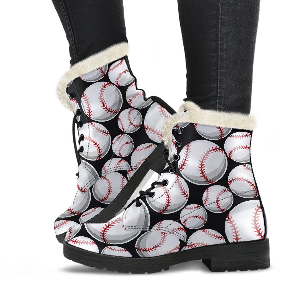 Baseball Black Background Faux Fur Leather Boots-JTAMIGO.COM