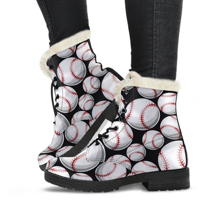 Baseball Black Background Faux Fur Leather Boots-JTAMIGO.COM