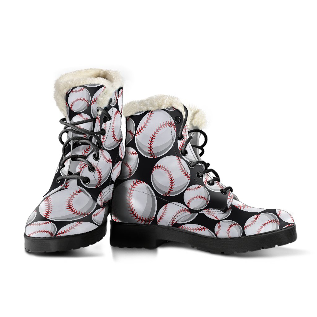 Baseball Black Background Faux Fur Leather Boots-JTAMIGO.COM