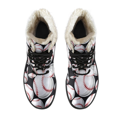 Baseball Black Background Faux Fur Leather Boots-JTAMIGO.COM