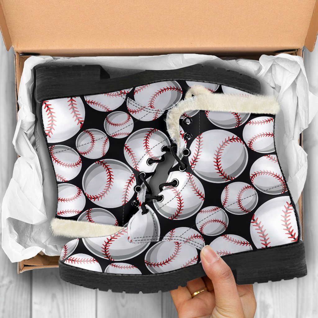 Baseball Black Background Faux Fur Leather Boots-JTAMIGO.COM