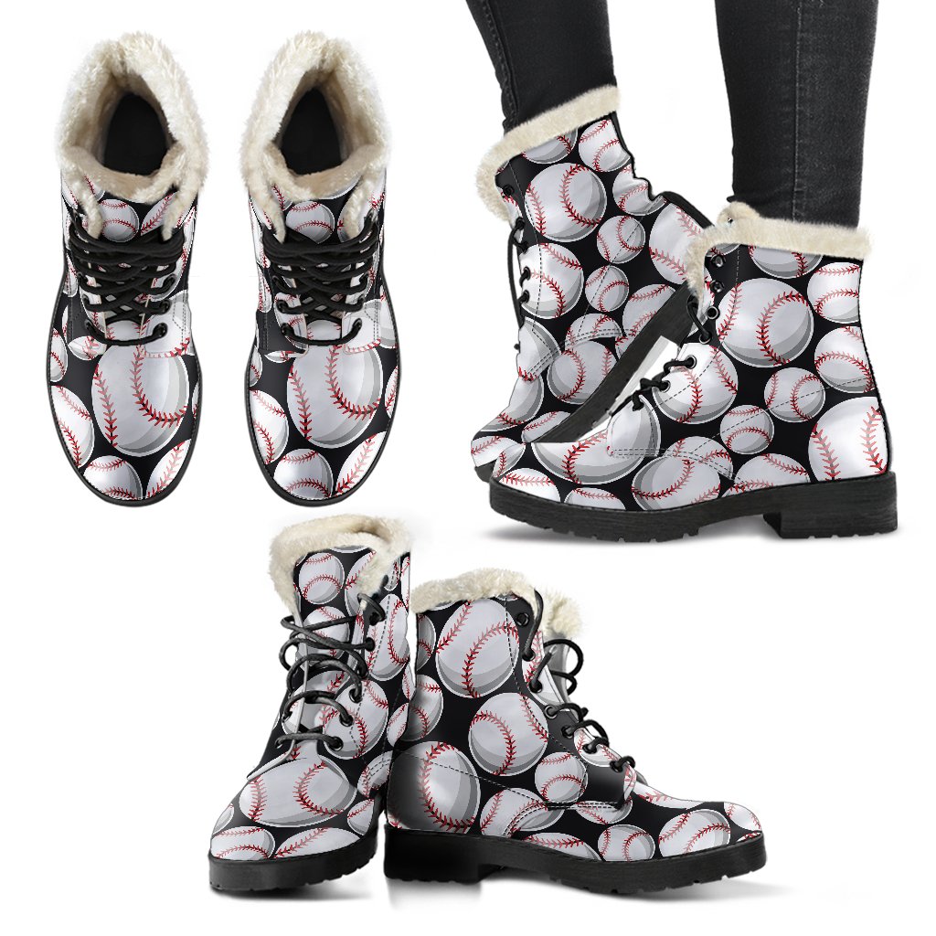 Baseball Black Background Faux Fur Leather Boots-JTAMIGO.COM