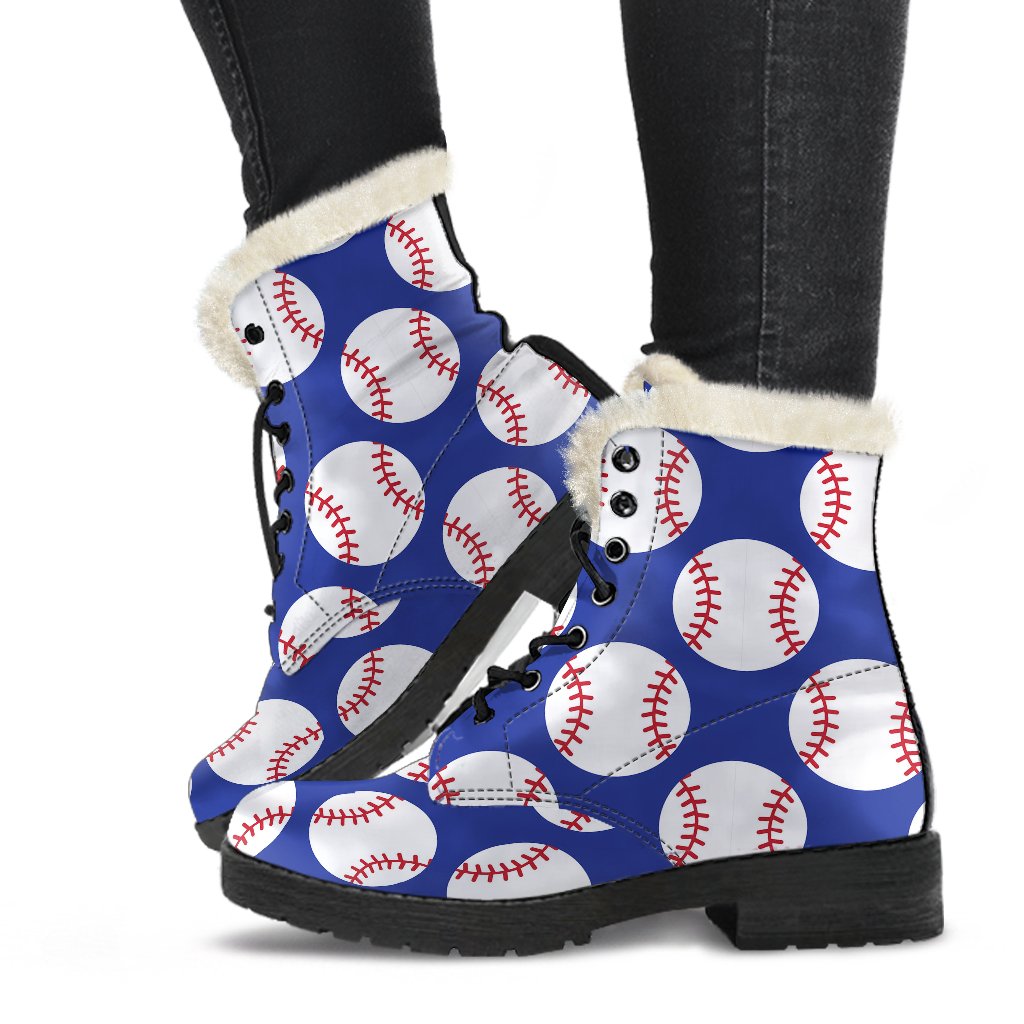 Baseball Blue Background Faux Fur Leather Boots-JTAMIGO.COM