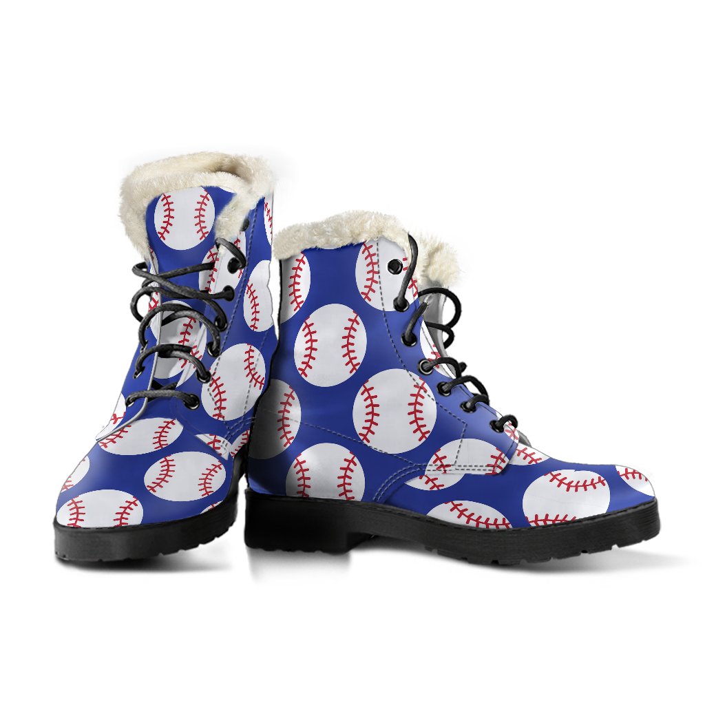 Baseball Blue Background Faux Fur Leather Boots-JTAMIGO.COM