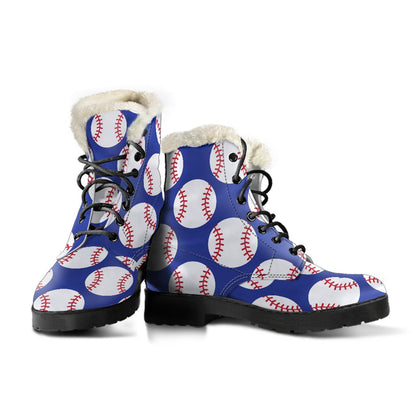 Baseball Blue Background Faux Fur Leather Boots-JTAMIGO.COM