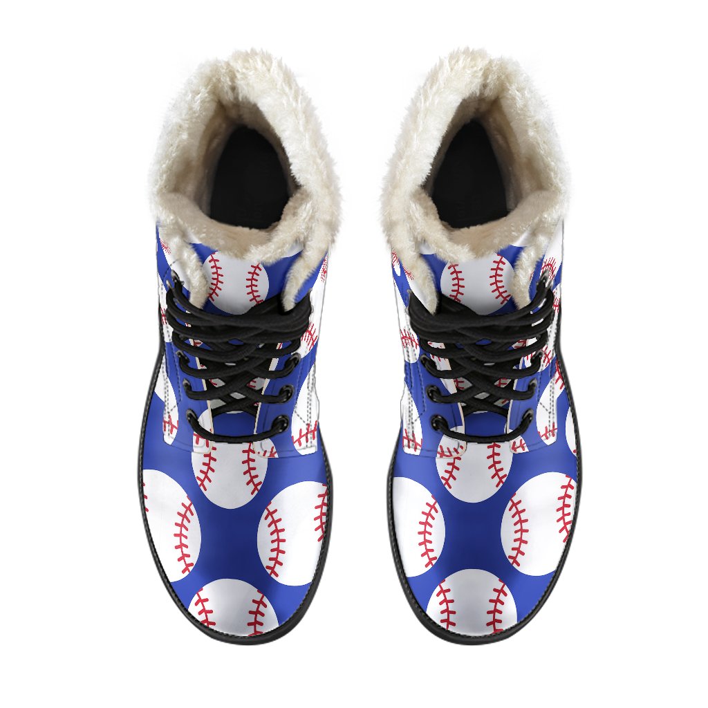 Baseball Blue Background Faux Fur Leather Boots-JTAMIGO.COM