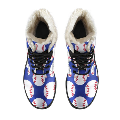 Baseball Blue Background Faux Fur Leather Boots-JTAMIGO.COM