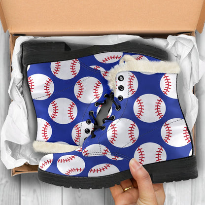 Baseball Blue Background Faux Fur Leather Boots-JTAMIGO.COM