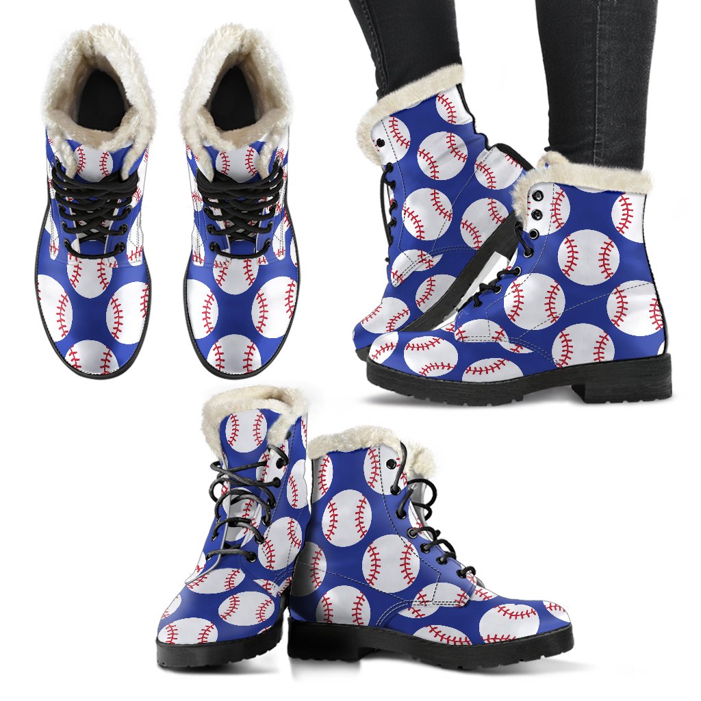 Baseball Blue Background Faux Fur Leather Boots-JTAMIGO.COM