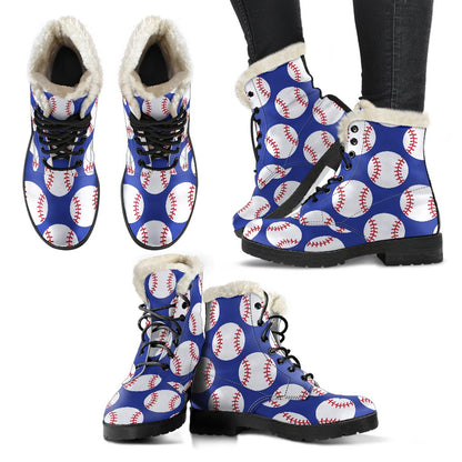 Baseball Blue Background Faux Fur Leather Boots-JTAMIGO.COM