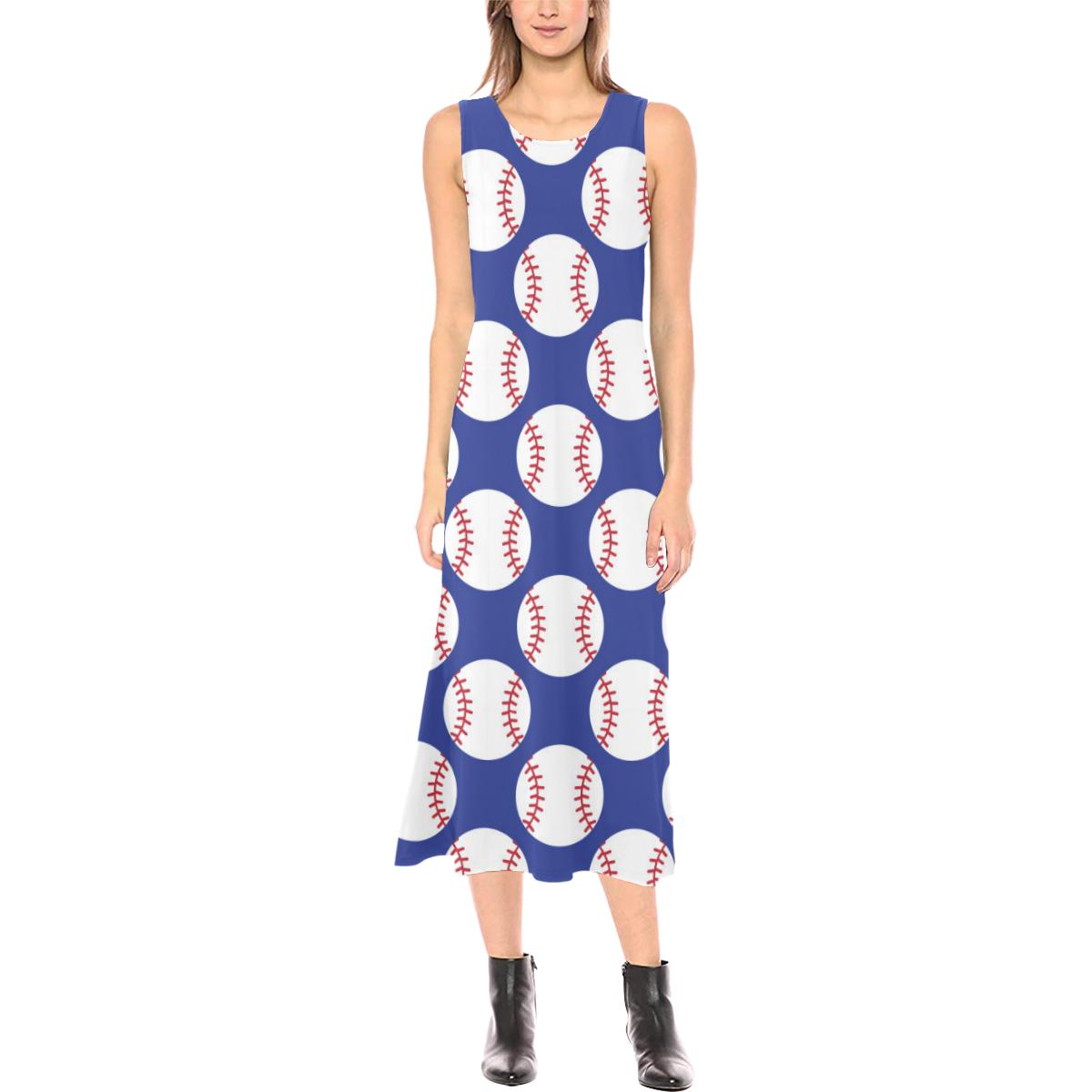 Baseball Blue Background Sleeveless Open Fork Long Dress (Model D08)-JTAMIGO.COM
