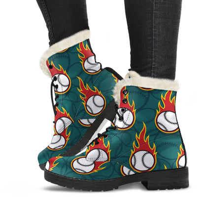 Baseball Fire Print Pattern Faux Fur Leather Boots-JTAMIGO.COM
