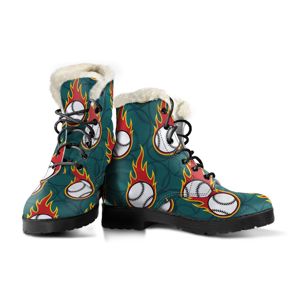 Baseball Fire Print Pattern Faux Fur Leather Boots-JTAMIGO.COM