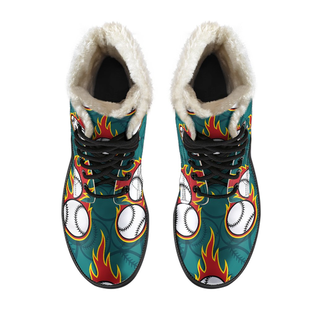 Baseball Fire Print Pattern Faux Fur Leather Boots-JTAMIGO.COM