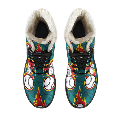 Baseball Fire Print Pattern Faux Fur Leather Boots-JTAMIGO.COM