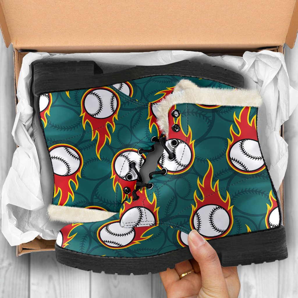 Baseball Fire Print Pattern Faux Fur Leather Boots-JTAMIGO.COM