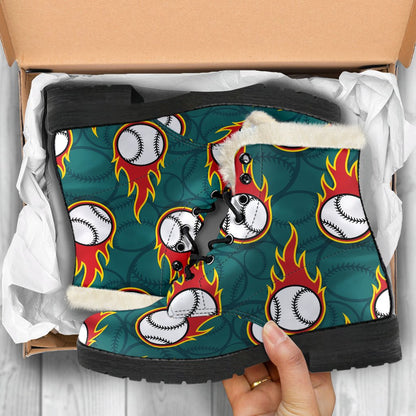 Baseball Fire Print Pattern Faux Fur Leather Boots-JTAMIGO.COM