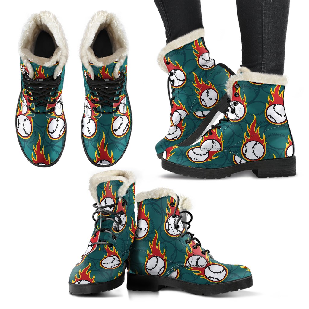 Baseball Fire Print Pattern Faux Fur Leather Boots-JTAMIGO.COM