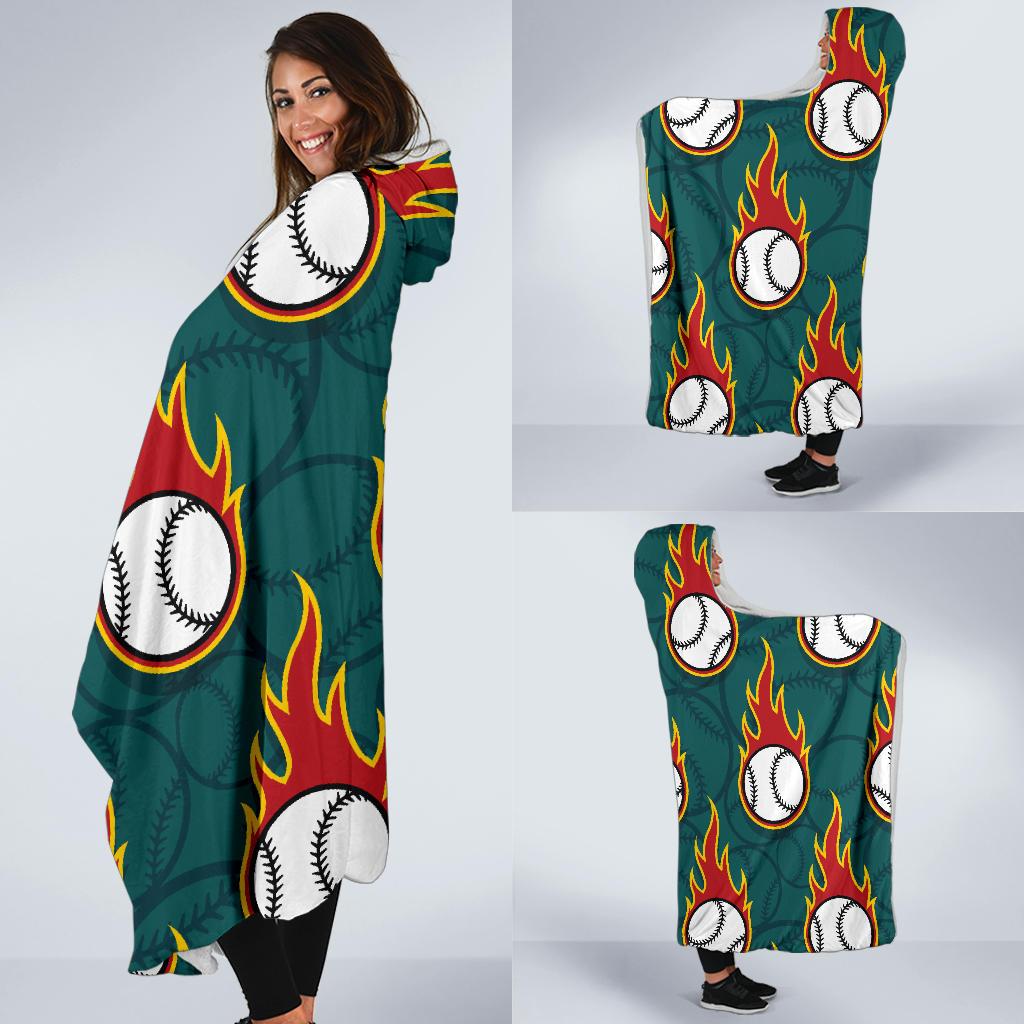 Baseball Fire Print Pattern Hooded Blanket-JTAMIGO.COM