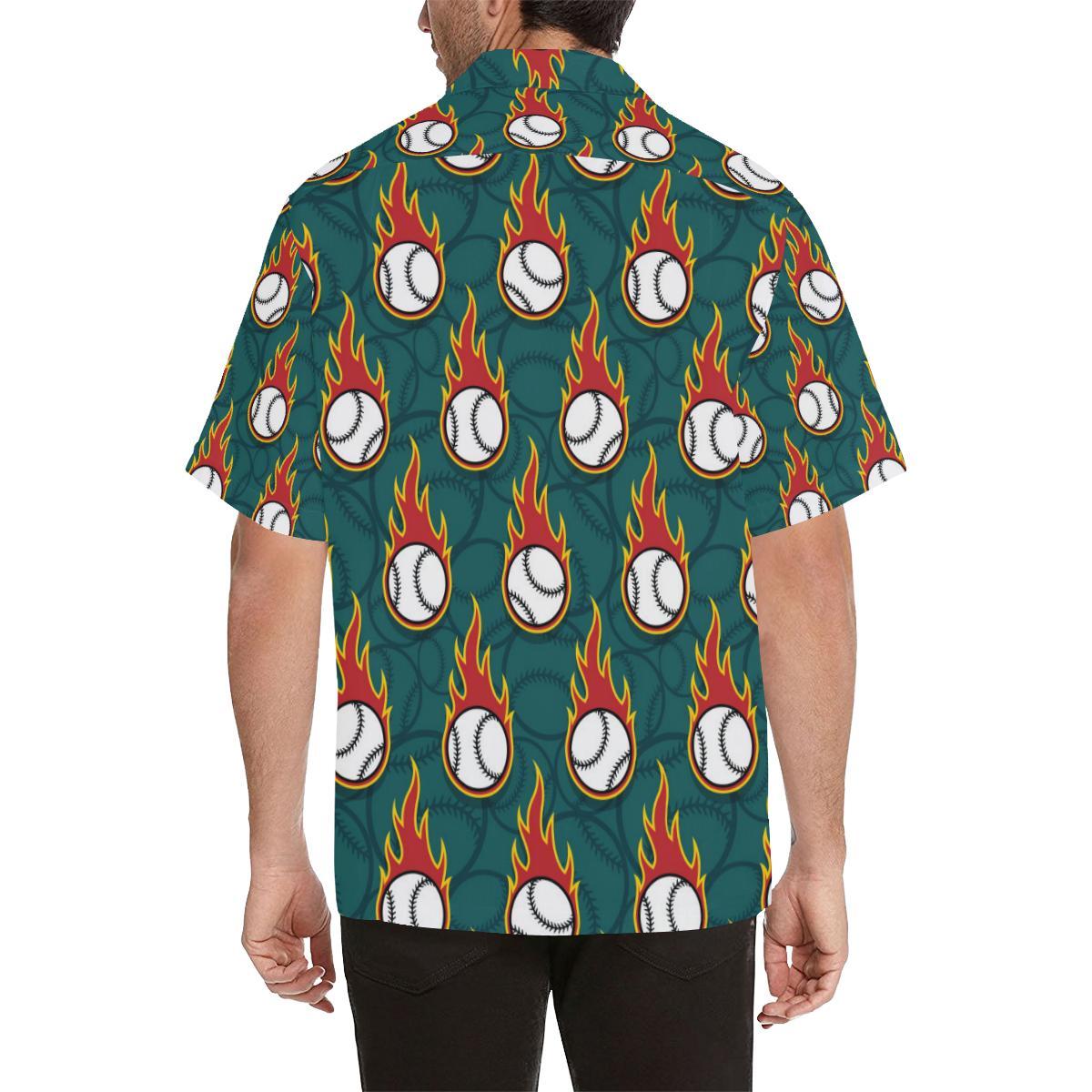 Baseball Fire Print Pattern Men Aloha Hawaiian Shirt