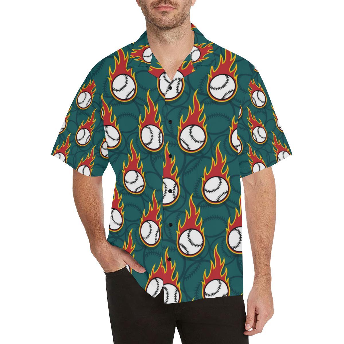 Baseball Fire Print Pattern Men Aloha Hawaiian Shirt
