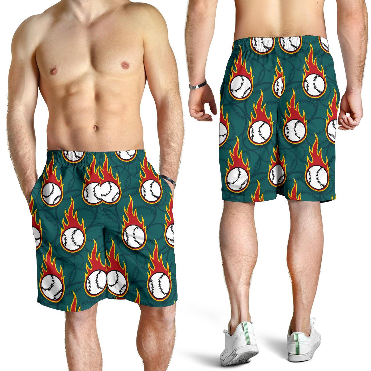 Baseball Fire Print Pattern Mens Shorts-JTAMIGO.COM