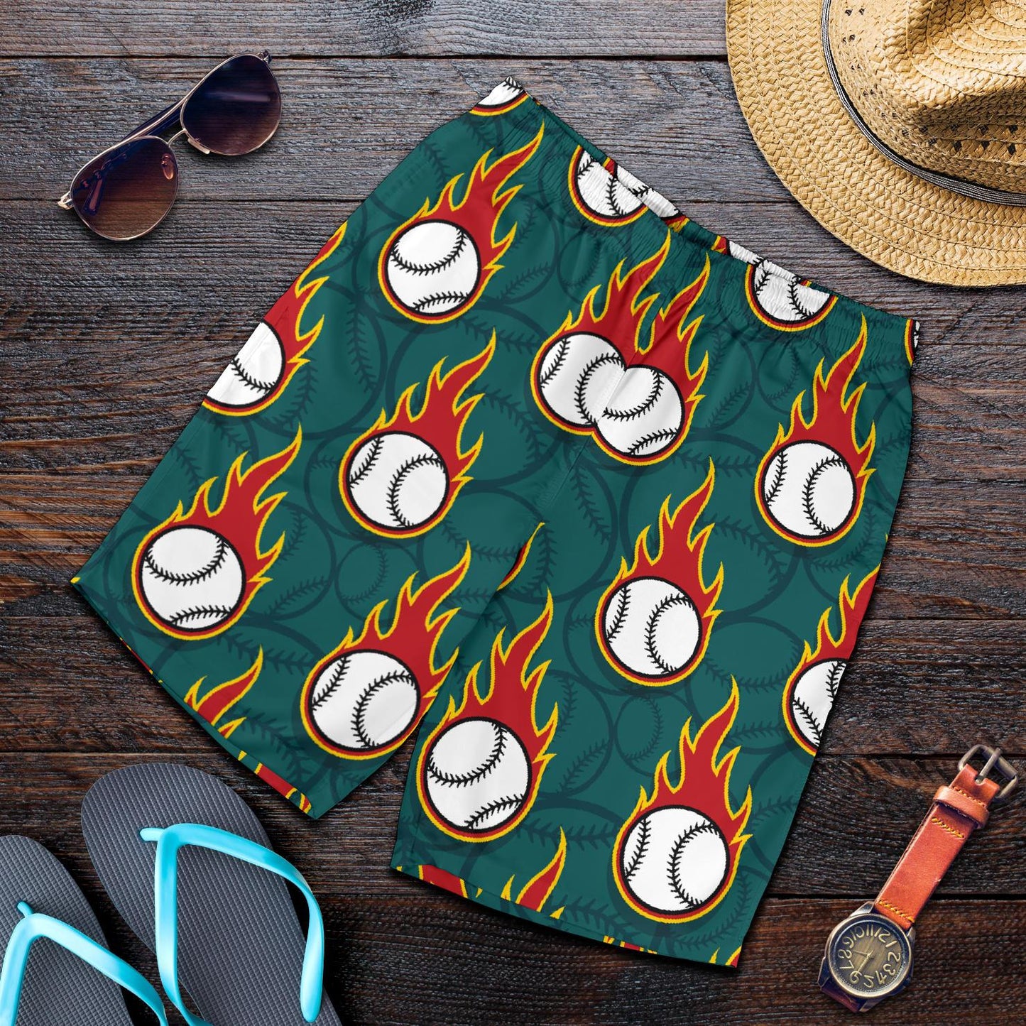 Baseball Fire Print Pattern Mens Shorts-JTAMIGO.COM