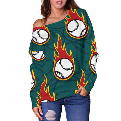 Baseball Fire Print Pattern Off Shoulder Sweatshirt