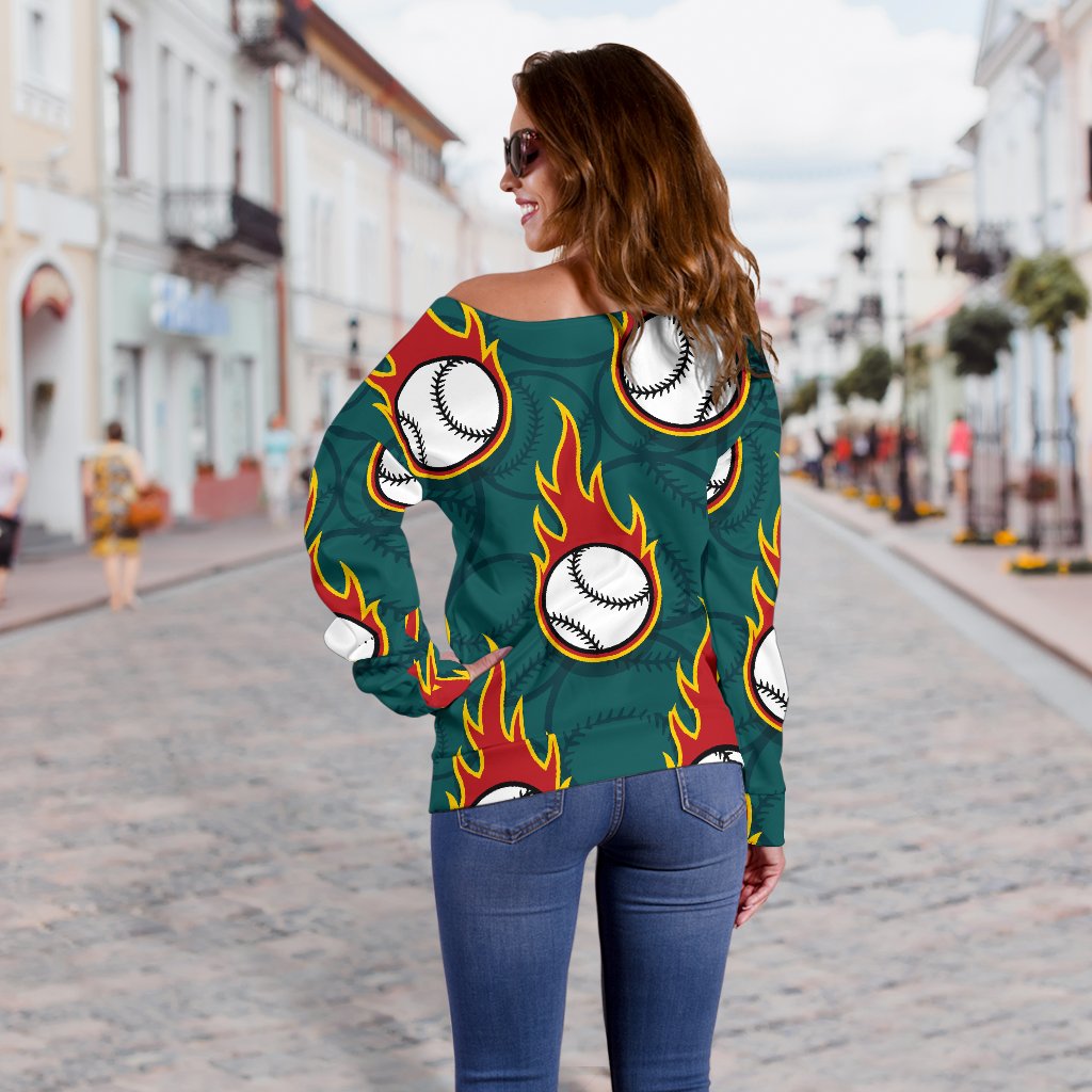 Baseball Fire Print Pattern Off Shoulder Sweatshirt