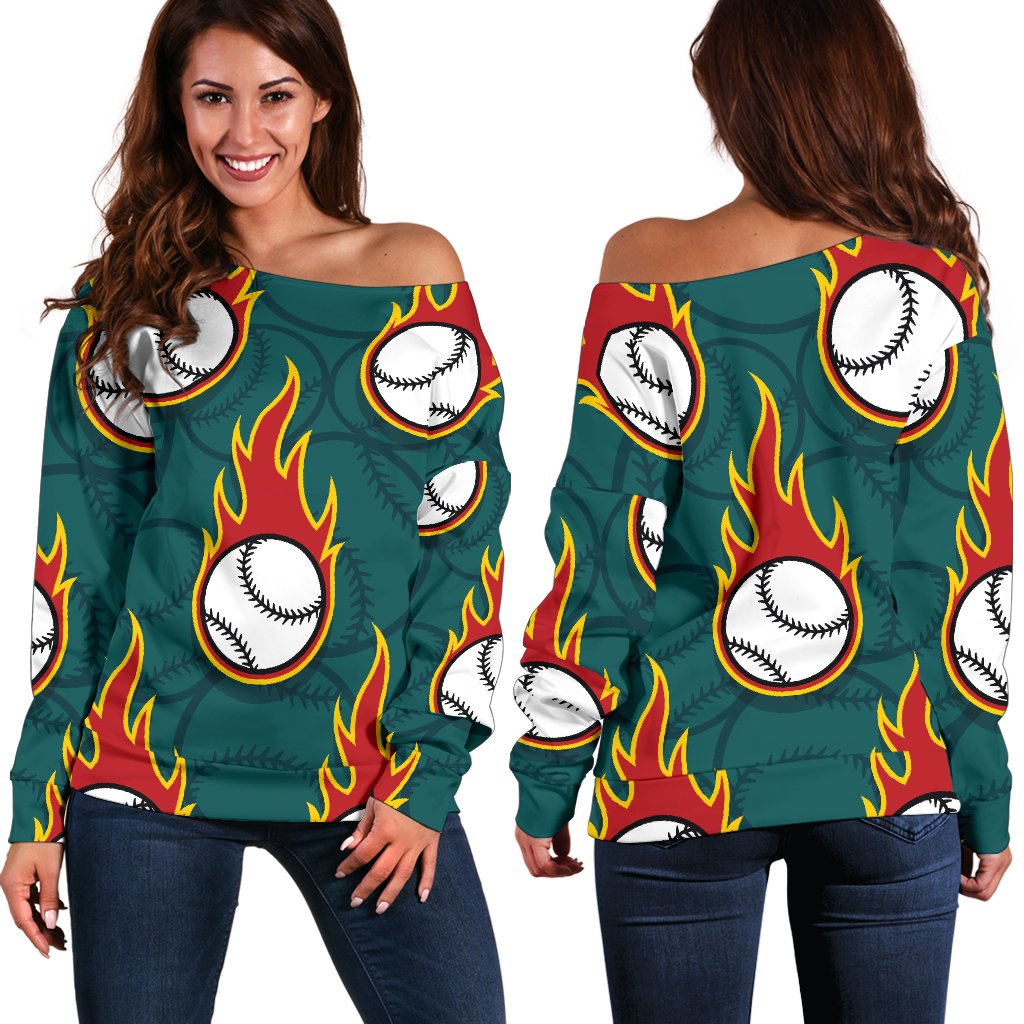 Baseball Fire Print Pattern Off Shoulder Sweatshirt