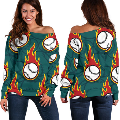 Baseball Fire Print Pattern Off Shoulder Sweatshirt
