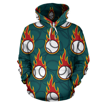 Baseball Fire Print Pattern Pullover Hoodie