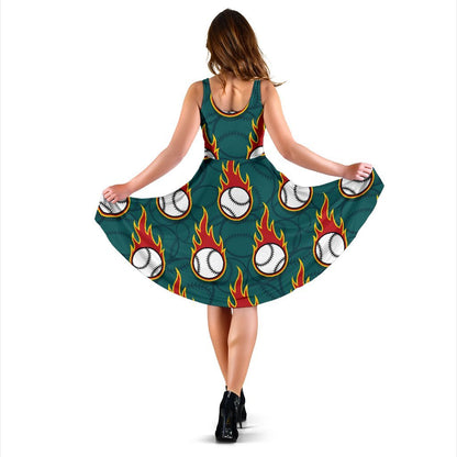 Baseball Fire Print Pattern Sleeveless Dress