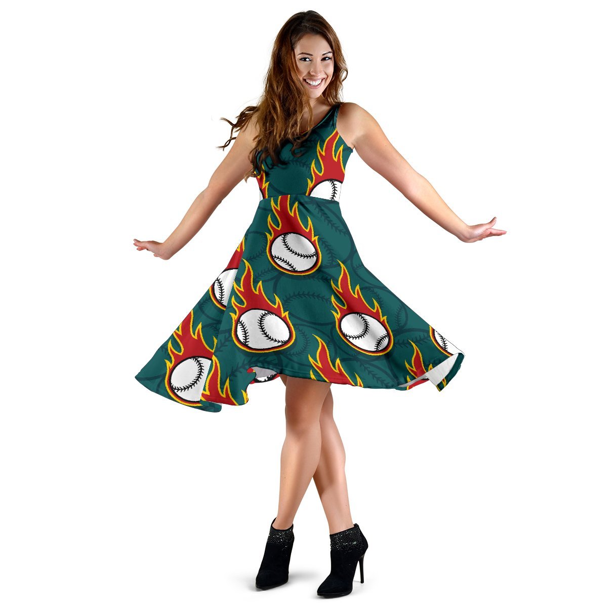 Baseball Fire Print Pattern Sleeveless Dress