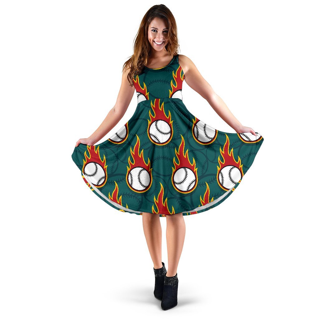 Baseball Fire Print Pattern Sleeveless Dress