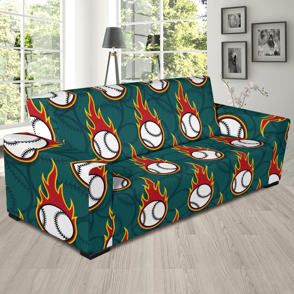 Baseball Fire Print Pattern Sofa Slipcover-JTAMIGO.COM