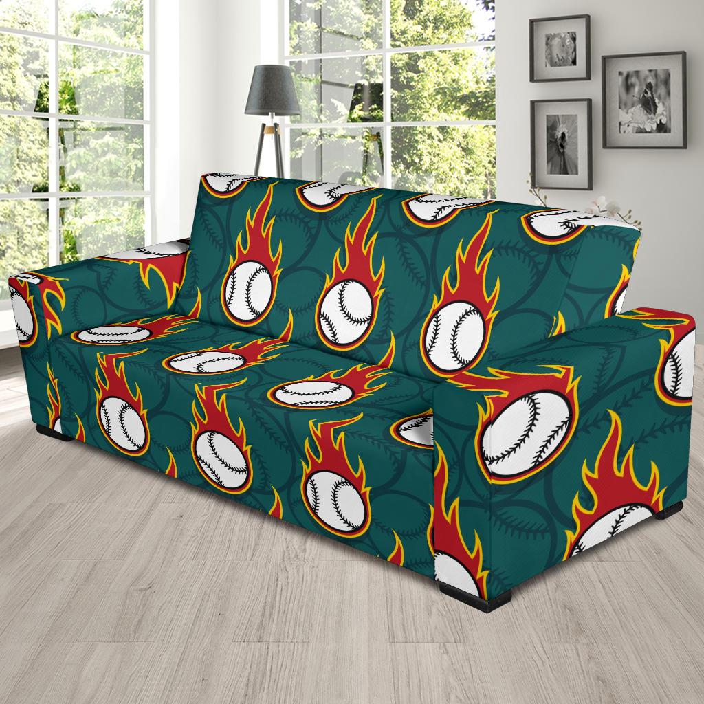 Baseball Fire Print Pattern Sofa Slipcover-JTAMIGO.COM
