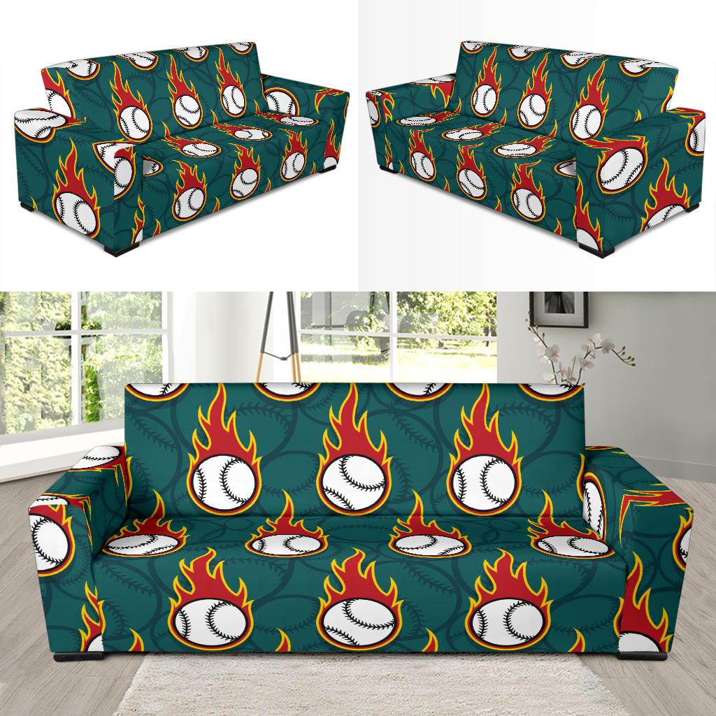Baseball Fire Print Pattern Sofa Slipcover-JTAMIGO.COM