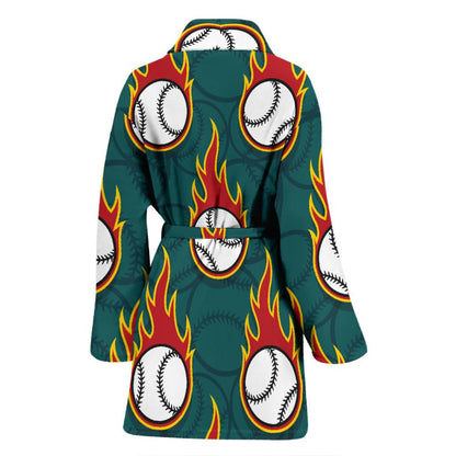 Baseball Fire Print Pattern Women Bath Robe-JTAMIGO.COM