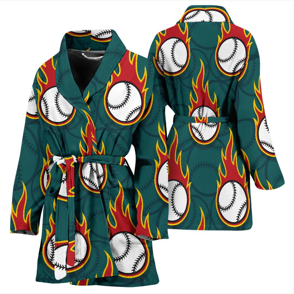 Baseball Fire Print Pattern Women Bath Robe-JTAMIGO.COM