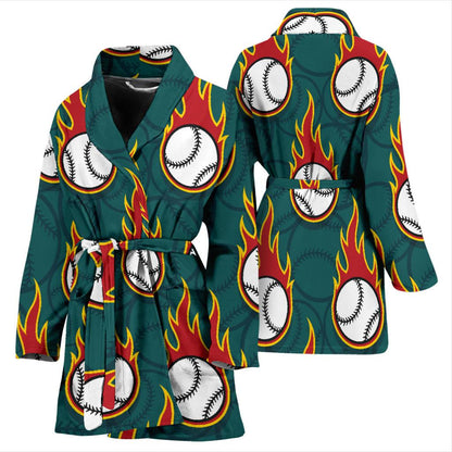 Baseball Fire Print Pattern Women Bath Robe-JTAMIGO.COM