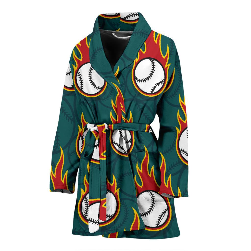 Baseball Fire Print Pattern Women Bath Robe-JTAMIGO.COM