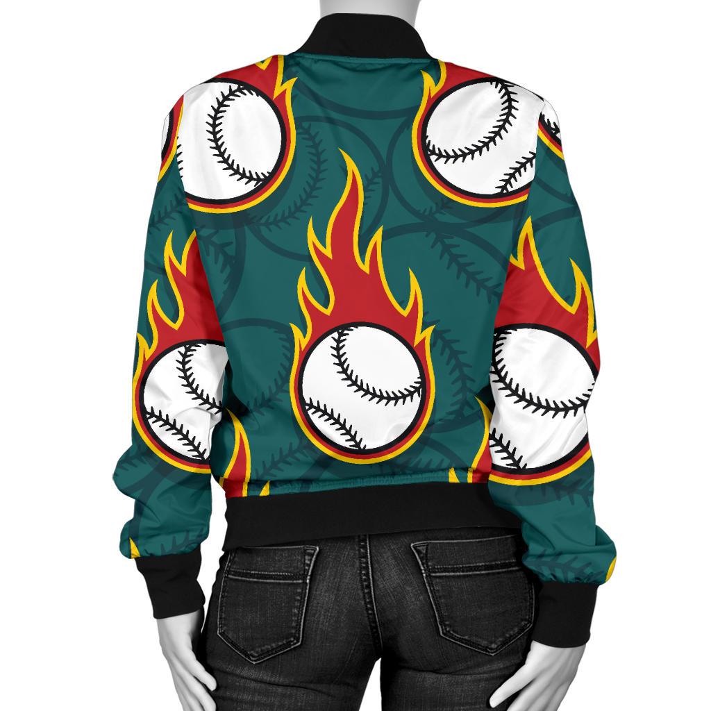 Baseball Fire Print Pattern Women Casual Bomber Jacket