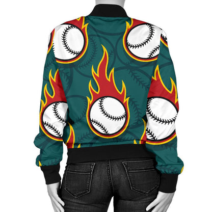 Baseball Fire Print Pattern Women Casual Bomber Jacket