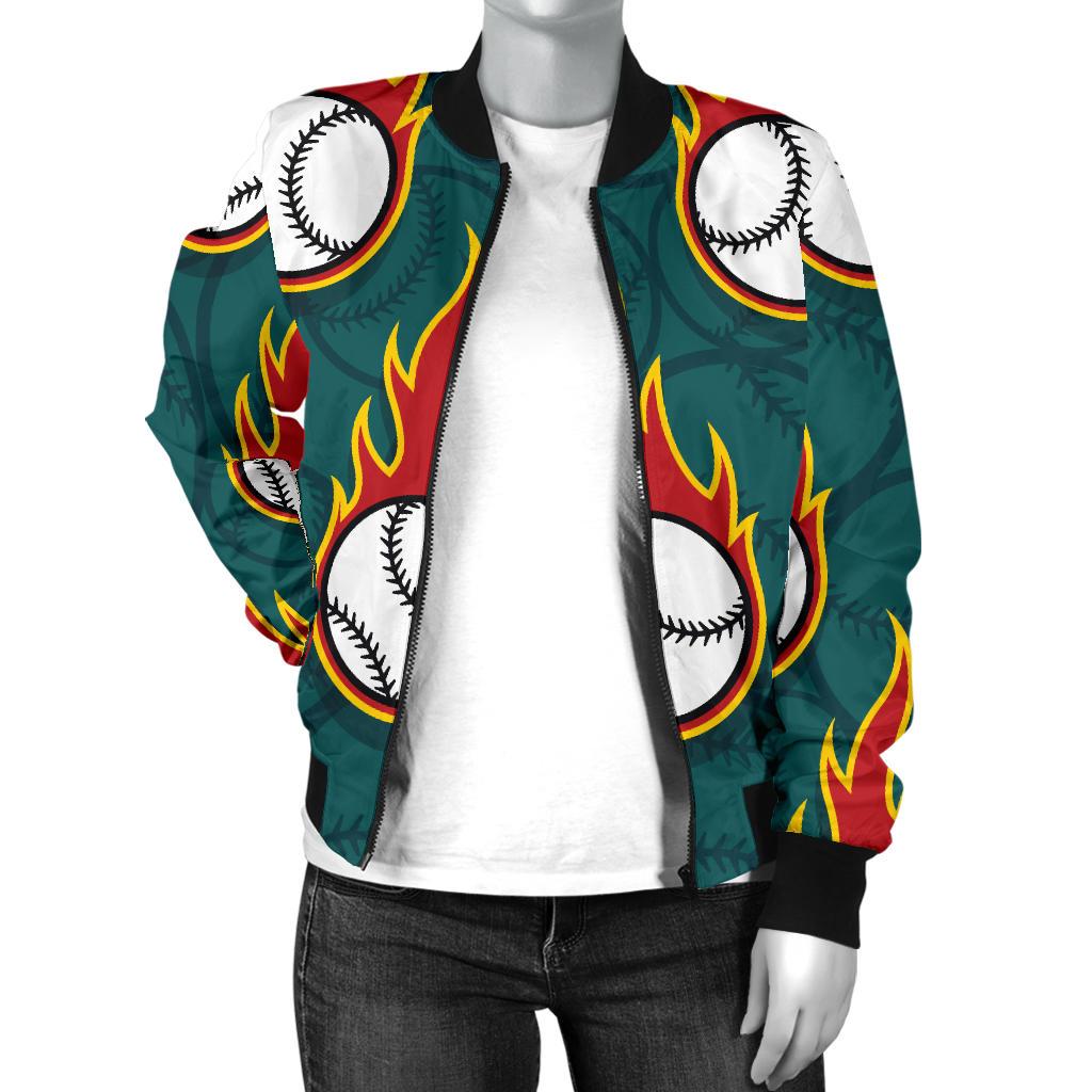 Baseball Fire Print Pattern Women Casual Bomber Jacket