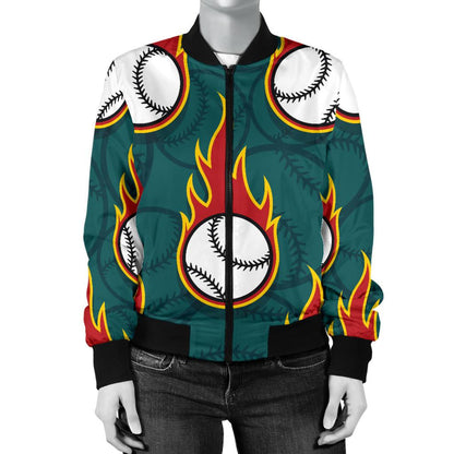 Baseball Fire Print Pattern Women Casual Bomber Jacket