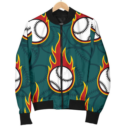 Baseball Fire Print Pattern Women Casual Bomber Jacket