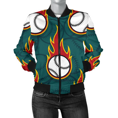 Baseball Fire Print Pattern Women Casual Bomber Jacket
